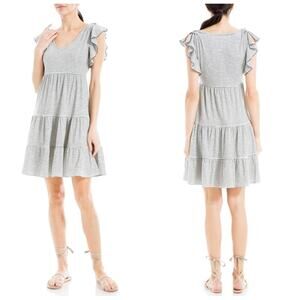 Max Studio striped jersey ruffle sleeve tiered V-neck dress sz M